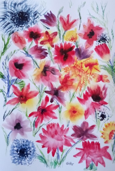 Peinture intitulée "Pêle mêle de fleurs" par Guillemette Hervieux, Œuvre d'art originale, Aquarelle