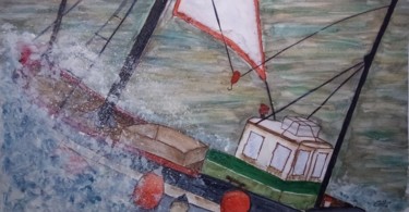 Painting titled "Départ pour la pêche" by Guillemette Hervieux, Original Artwork, Watercolor