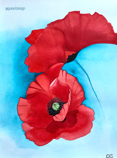 Painting titled "Coquelicots" by Karin Sarfati, Original Artwork, Watercolor