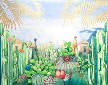 Картина под названием "Exotic Garden in Ez…" - Karin Sarfati, Подлинное произведение искусства, Акварель