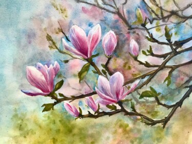 Painting titled "Blossoming magnolia" by Gulia Abduganieva, Original Artwork, Watercolor
