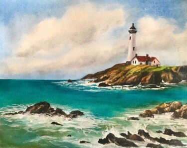 Painting titled "Lighthouse in the s…" by Gulia Abduganieva, Original Artwork, Watercolor