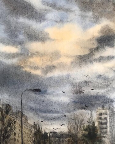 Malerei mit dem Titel "Clouds" von Gulia Abduganieva, Original-Kunstwerk, Aquarell