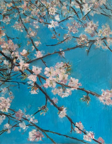 Schilderij getiteld "Cherry tree" door Gulia Abduganieva, Origineel Kunstwerk, Olie Gemonteerd op Andere stijve panelen