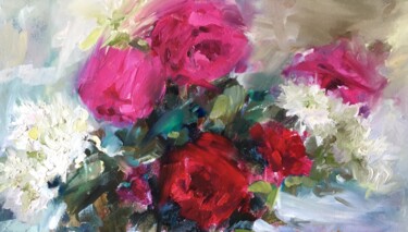 Malarstwo zatytułowany „натюрморт с розами” autorstwa Gulsum Tokbayeva, Oryginalna praca, Olej