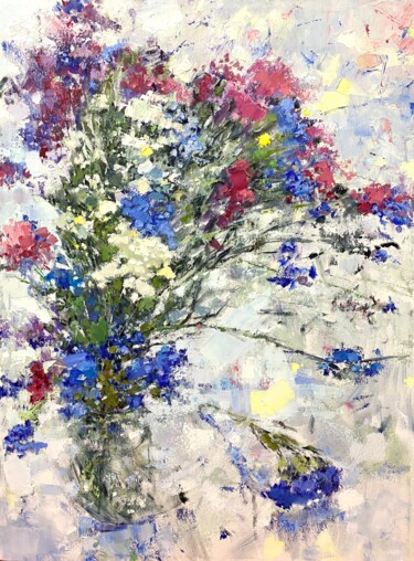 Painting titled "Bouquet in a glass…" by Gulsum Tokbayeva, Original Artwork, Oil Mounted on Wood Stretcher frame