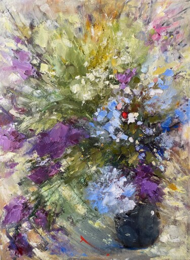 Painting titled "Полевые цветы" by Gulsum Tokbayeva, Original Artwork, Oil Mounted on Wood Stretcher frame