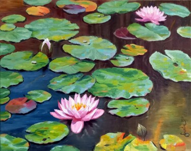Ζωγραφική με τίτλο "water lilies" από Gunta Medniece, Αυθεντικά έργα τέχνης, Λάδι