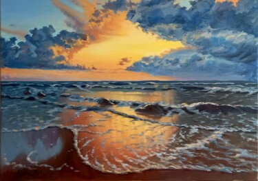 Painting titled "Sunset at sea" by Gunta Medniece, Original Artwork, Oil