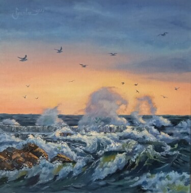 Painting titled "A storm at sea" by Gunta Medniece, Original Artwork, Oil