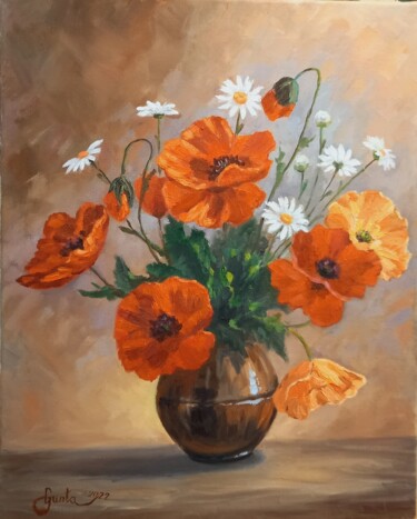 Картина под названием "Vase with flowers" - Gunta Medniece, Подлинное произведение искусства, Масло