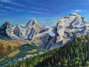 Ζωγραφική με τίτλο "Swiss Alps mountain…" από Gunta Medniece, Αυθεντικά έργα τέχνης, Λάδι