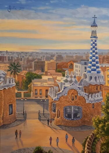 Painting titled "Barcelona" by Gunta Medniece, Original Artwork, Oil Mounted on Wood Panel