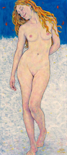 Painting titled "Venus auf den Wolken" by Gunter Langer, Original Artwork, Acrylic Mounted on Wood Stretcher frame