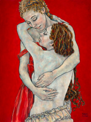 Malerei mit dem Titel "Mutter und Tochter" von Gunter Langer, Original-Kunstwerk, Acryl