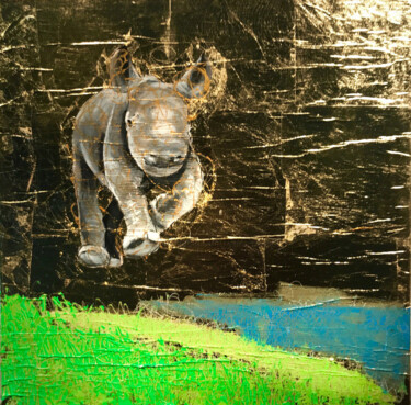 Malerei mit dem Titel "HAPPY JUMPER / rhino" von Gunter Wenzel, Original-Kunstwerk, Acryl