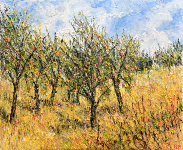 Malerei mit dem Titel "Apfelbäume im Späts…" von Günther Mika, Original-Kunstwerk, Öl