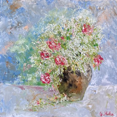 Painting titled "Blumen" by Günther Mika, Original Artwork, Oil Mounted on Wood Stretcher frame