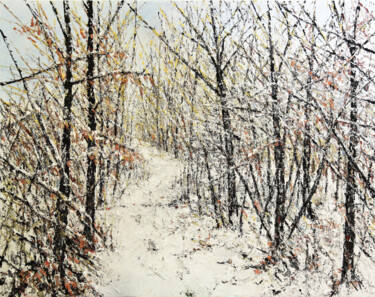 Schilderij getiteld "Waldweg im Winter" door Günther Mika, Origineel Kunstwerk, Olie