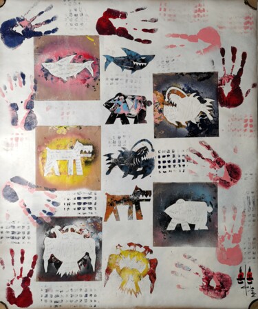 Painting titled "Painted sharks and…" by Gugo, Original Artwork, Collages