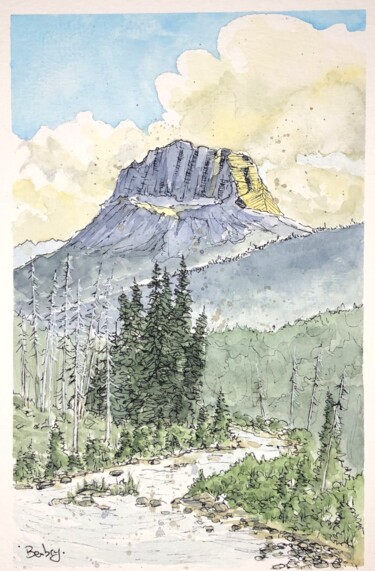 Painting titled "Wapta Mountain" by Gurvan Beubry, Original Artwork, Watercolor