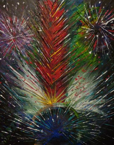 Painting titled "Feu d'artifice marin" by Gurvanart, Original Artwork, Acrylic Mounted on Wood Stretcher frame