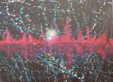 Painting titled "Space City" by Gurvanart, Original Artwork, Acrylic Mounted on Wood Stretcher frame