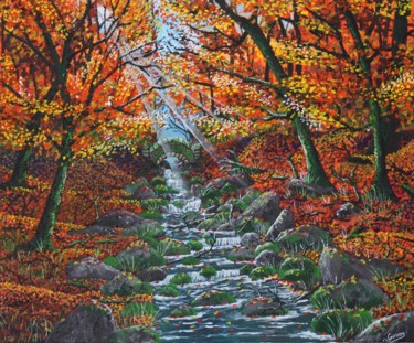 Painting titled "Autumn Forest" by Gurvanart, Original Artwork, Acrylic Mounted on Wood Stretcher frame