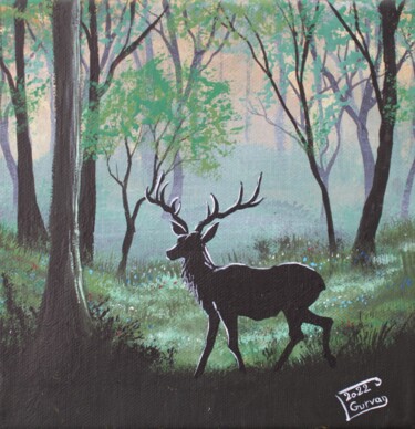 Schilderij getiteld "Wild stag" door Gurvanart, Origineel Kunstwerk, Acryl Gemonteerd op Frame voor houten brancard