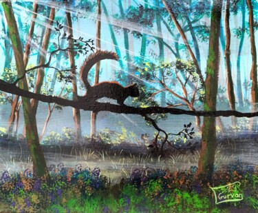Painting titled "Squirrel" by Gurvanart, Original Artwork, Acrylic Mounted on Wood Stretcher frame