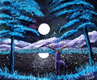 Painting titled "Stag in winter" by Gurvanart, Original Artwork, Acrylic Mounted on Wood Stretcher frame
