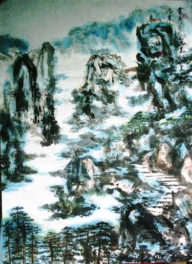 Painting titled "中国山水诗意画——《送僧游山》the…" by Shaohua Gu, Original Artwork