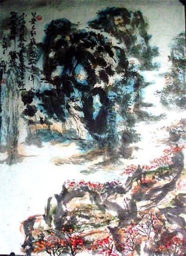 Painting titled "中国山水诗意画——《晨起》the la…" by Shaohua Gu, Original Artwork