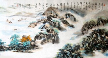 Painting titled "中国山水诗意画——《白发渔樵江渚上》t…" by Shaohua Gu, Original Artwork