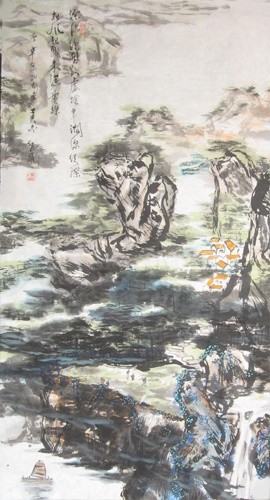 Painting titled "中国山水诗意画——《林烟瀑壁》the…" by Shaohua Gu, Original Artwork