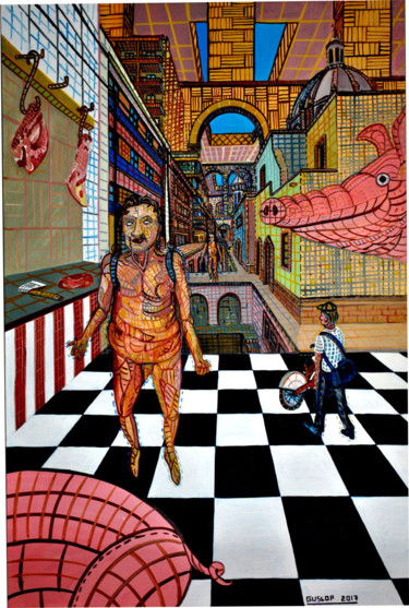Painting titled "DREAMS CITY AND PIGS" by Gustavo López Alvarado, Original Artwork, Oil