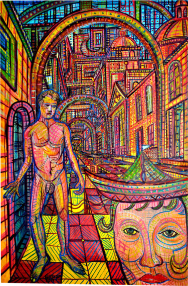 Painting titled "DREAMS CITY III" by Gustavo López Alvarado, Original Artwork, Oil Mounted on Wood Panel