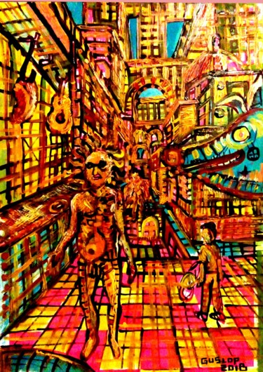 Peinture intitulée "DREAMS CITY IV-S" par Gustavo López Alvarado, Œuvre d'art originale, Émail Monté sur Panneau de bois