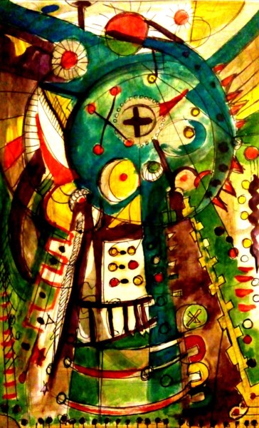 Painting titled "ROBOT 1" by Gustavo López Alvarado, Original Artwork, Gouache Mounted on Wood Panel