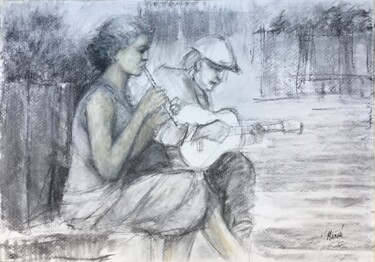 Картина под названием "Dúo de flauta y gui…" - Gustavo Mañá, Подлинное произведение искусства, Пастель