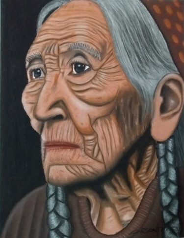 Malerei mit dem Titel "Old woman with brai…" von Gustavo Martinez (Grafito), Original-Kunstwerk, Pastell