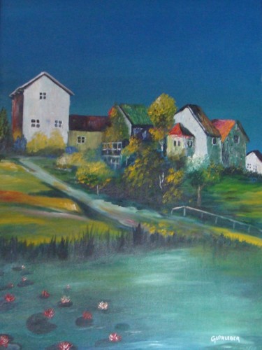 Painting titled "Le hameau de là-bas" by Geo Guthleber, Original Artwork, Oil