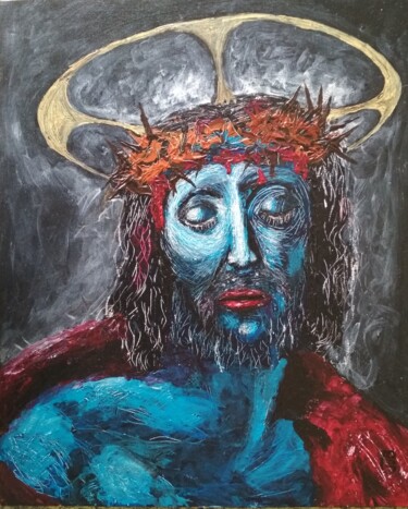Ζωγραφική με τίτλο "Christ Bleu" από Guy Bonnet, Αυθεντικά έργα τέχνης, Ακρυλικό Τοποθετήθηκε στο Ξύλινο πάνελ