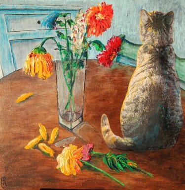 Peinture intitulée "Nature morte et chat" par Guy Bonnet, Œuvre d'art originale, Acrylique