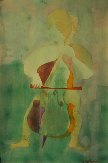 Painting titled "le violoncelliste" by Guy Chaise, Original Artwork, Watercolor