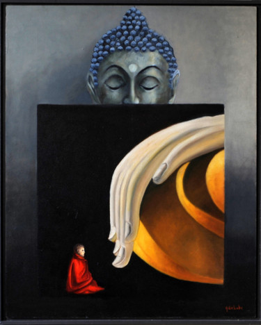 Schilderij getiteld "teaching-bouddha" door Guy De Belie, Origineel Kunstwerk, Olie