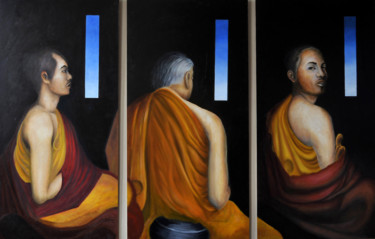 Schilderij getiteld "thai-monks" door Guy De Belie, Origineel Kunstwerk, Olie