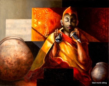Schilderij getiteld "Sitting Monk" door Guy De Belie, Origineel Kunstwerk, Olie