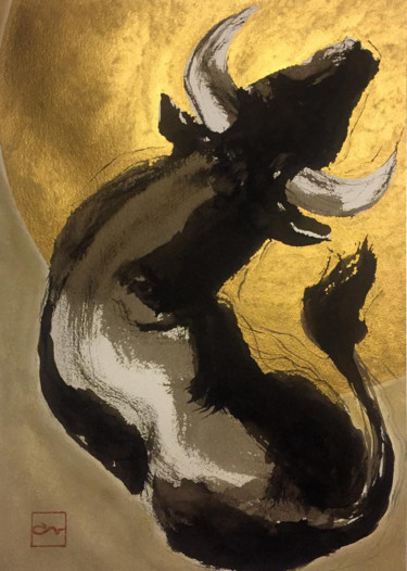 Malerei mit dem Titel "TOROS IN GOLD 01" von Guy Fouré, Original-Kunstwerk, Acryl
