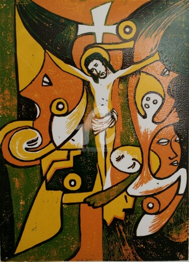 Druckgrafik mit dem Titel "REDEMPTION" von Guy Appolinaire Kassi, Original-Kunstwerk, Holzschnitt